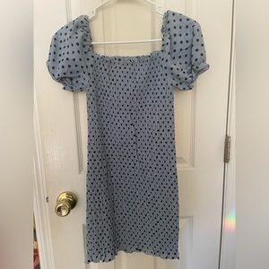 blue mini dress with black polka dots
